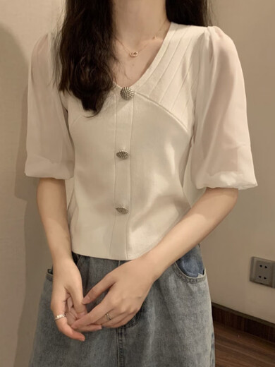 Direction simple 2025 Été Nouveau glace en soie en mousseline de mousseline en V épisse en V Sweater à manches courtes Lady Lame de base mince de base courte MCL 3523 Black One Size (70-125jin [Jin est égal à 0,5 kg] peut être usé) peut être porté)