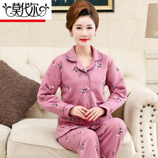 Modal autumn and winter middle-aged mother air cotton sandwich pajamas for women thickened pure cotton long-sleeved middle-aged and elderly thin quilted suit W12101 XL 120-140Jin Jin equal to 0.5 kg wear