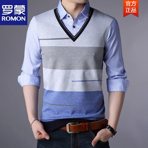 Romon (Romon) Spring and Automne Fake Two-Shirt Shirt Cold Cold Tripted Men's Men à manches longues à manches longues à manches longues à manches longues à manches longues à manches longues Mente de base pour hommes d'âge moyen 3878 Rouge (printemps et automne) Cuffes minces L 170 Recommandé 118-138jin [Jin est égal à 0,5 kg]