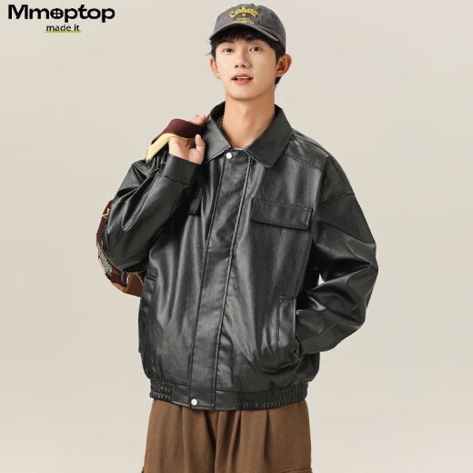 MMOPTOP潮牌美式鳄鱼纹PU皮衣外套男士春秋季翻领机车夹克YH26 黑色 L