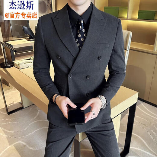 Jason's British business gun lapel double-breasted slim suit suit men's light luxury wedding dress groom's suit three-piece suit 338 black (suit + pants) XL