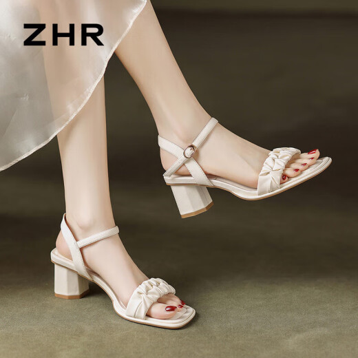 ZHR粗跟凉鞋女夏季优雅法式方头女鞋百搭一字带鞋子女 Y756 米色 36 