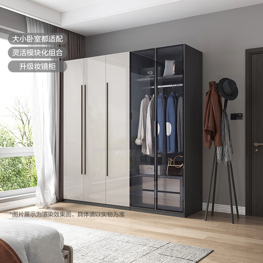 Quanyou Home Cloakroom Wardrobe Bedroom Large Wardrobe Modern Minimalist Flat Door Wardrobe Dressing Table with Makeup Mirror Integrated Cabinet B Type | Two-Door Wardrobe + Dressing Cabinet (No Makeup Stool)