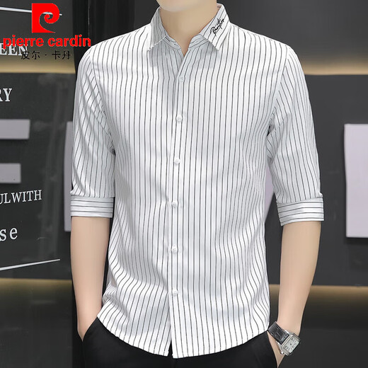 Pierre Cardinal Summer Quarter Sheive Shirt Men Business Casual Five Points Mid-Mareved Striped Shirte's Top Handsome Shirt Trendy 683 White L