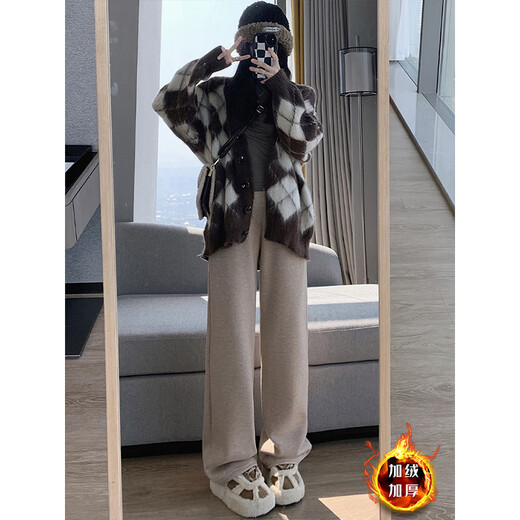 Cantu lamb velvet glutinous rice wide-leg casual pants for women in autumn and winter new velvet warm pants high-waisted drape sports sweatpants off-white velvet M Recommended 90Jin Jin equals 0.5kg to 105Jin Jin equals 0.5kg