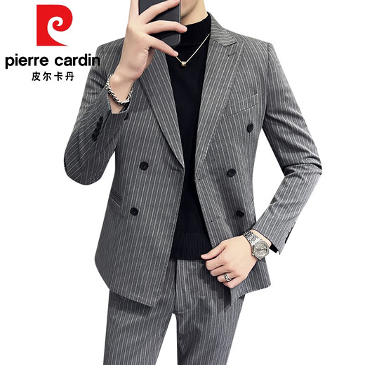 Pierre Cardin fashion brand double-breasted suit men's suit wedding business casual formal dress two-piece striped suit jacket gray 52/XL