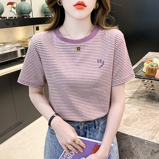 Camiseta de manga corta a rayas de carpintero para mujeres 2025 Summer Nueva camiseta de base delgada versátil Camiseta sonriente Top bordado Ins Red 9928 L Sugerir 105-120Jin [Jin equivale a 0,5 kg]