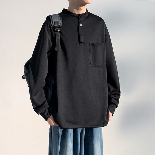 Homlean American retro long-sleeved T-shirt men's autumn Henry collar loose casual sweatshirt bottoming shirt HM07 black 2XL