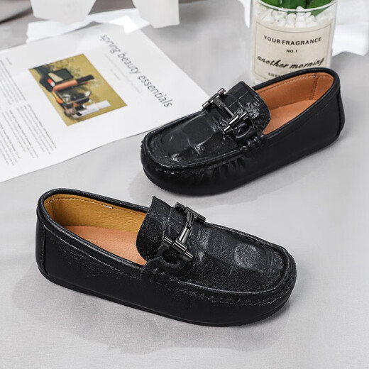 Henku Children's Leisure British Student Campus Performance pour enfants à deux couches Cowhide Soft Sole Boys Chaussures en cuir noir