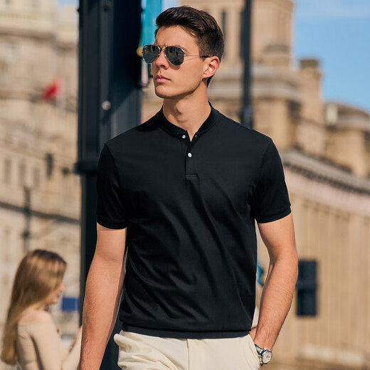 Mr. Cloth Fashion Stand Collar Pure Cotton Men's T-shirt Spring and Summer New Slim Black Short Sleeve Business Casual AT12023 Black 2XL (185)