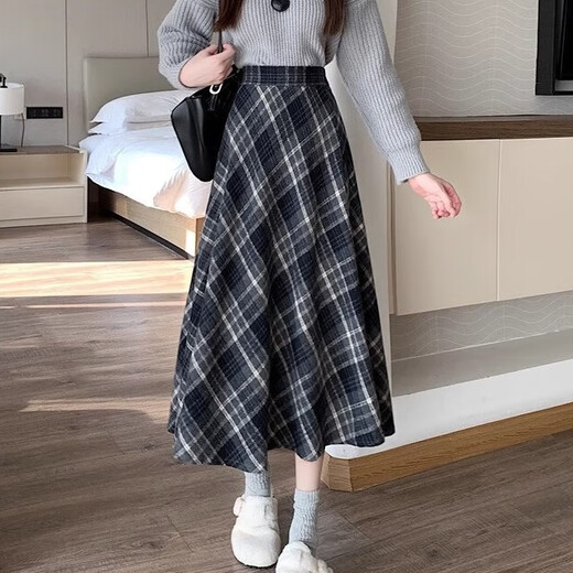 Miao Yijia Plaid Wool Skirt Winter Women's New Winter Skirt Long Skirt College Style Skirt A-Line Style and Versatile College Style Woolen Plaid Umbrella Skirt Blue Regular L Recommended 110-125 Jin Jin equals 0.5 kg