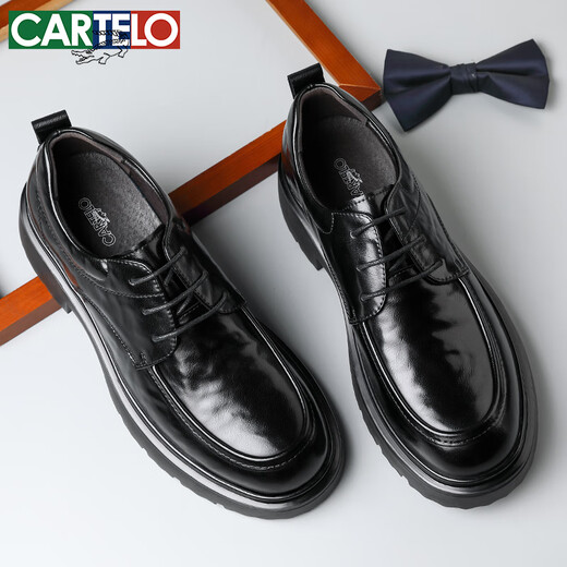 CARTELO British Men's Leather Shoes Thick Sole Increased Business Casual Shoes Low-top Round Toe Breathable Cowhide Shoes Men's 9960 Black 38