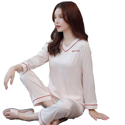 MSJ【100%桑蚕丝】重磅真丝睡衣女春秋长袖长裤薄款套装两件套家居服 豆沙粉女-9901长+长 XL （推荐120-140斤）