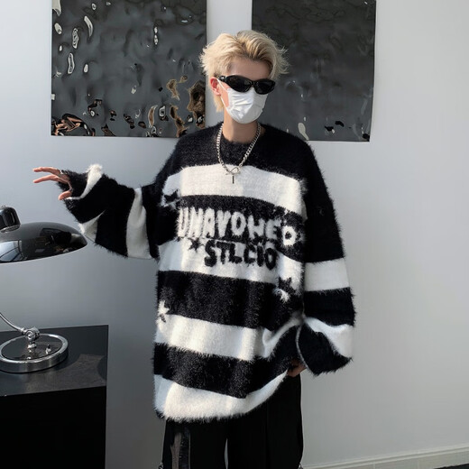迪伽达 毛衣男士春季新款美式古着条纹慵懒打底衫外穿宽松针织衫男 GCFS-MY9214红色 XL