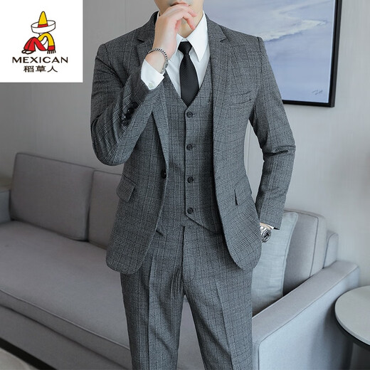 Scarecrow suit men's Korean style business three-piece suit, formal fit, groomsmen's dress, plaid casual suit jacket, blue suit + vest + pants + shirt, free L