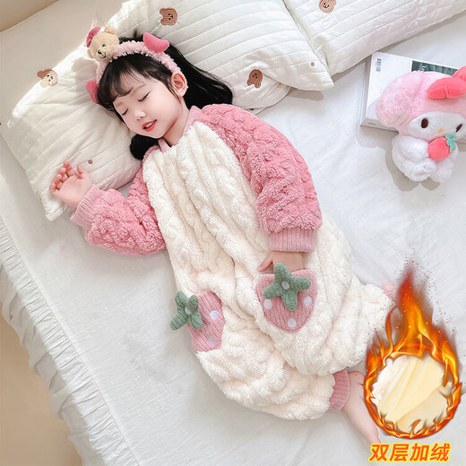 Kexin baby baby sleeping bag autumn and winter double-layer thickened flannel children's one-piece pajamas coral velvet baby anti-kicking quilt crawler suit pink strawberry size 90 recommended for 1-2 years old (height around 85)
