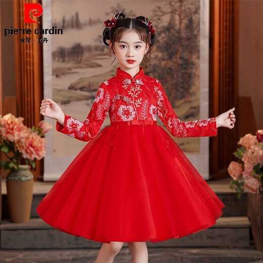 Pierre Cardin Girls Hanfu Dress Spring and Autumn Children's New Year's Eve Chinese Style Tang Suit Little Girl Western Princess Dress Autumn 8828 Red Cotton Lining + Tassels 120 cm Recommended Weight 30-40Jin Jin is equal to 0.5 kg