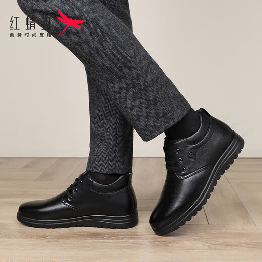 RED DRAGONFLY leather shoes men's high-top men's shoes plus velvet warm cotton shoes men's business casual shoes men's soft leather formal shoes snow boots black high-top cotton shoes 43