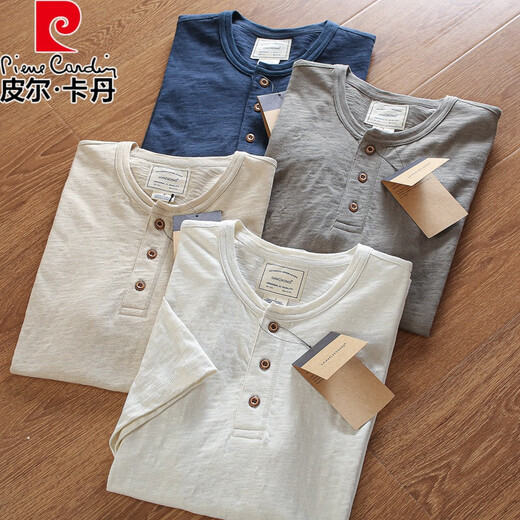 
Pierre cardin single bamboo joint cotton + linen summer men's thin breathable solid color Henry neck tough guy casual short-sleeved T-shirt beige L