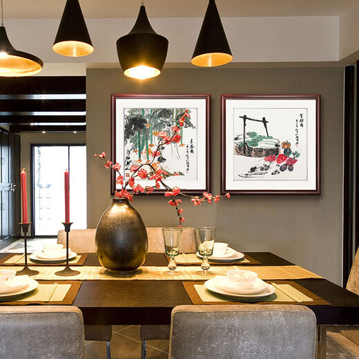 Jie Home Purely hand-painted ink Chinese painting Doufang Chinese restaurant entrance vegetable harvest decorative painting loofah cabbage gourd hanging painting B style picture of wealth + brown outer frame outer frame size 50*50cm