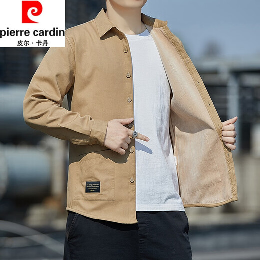 Pierre Cardin men's long-sleeved shirt with velvet and thickened cotton warm men's jacket autumn and winter shirt young and middle-aged men's warm shirt army green pure cotton warm velvet shirt H25 XL recommended 130-150Jin Jin equals 0.5 kg