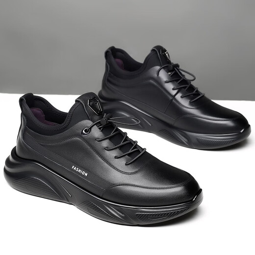 GENAI New Genuine Leather Sports Shoes Men's Casual Shoes Casual Leather Shoes Men's Business Shoes Heightening Shoes Trendy Shoes Men's Shoes Black Genuine Leather + Elastic Mouth Four Seasons Trendy Shoes 40 (250mm)