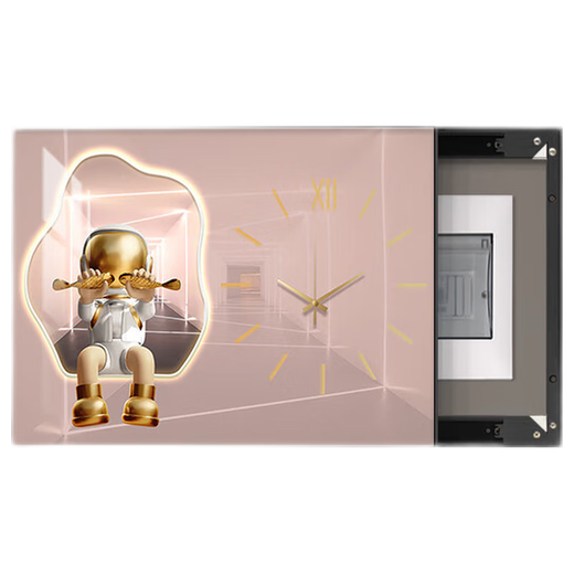 Chengzi Light luxury electric meter box decoration painting with clock distribution box cover without holes Modern simple hanging painting Astronaut clock K11965 45*35cm (block 35*25) black frame with cover