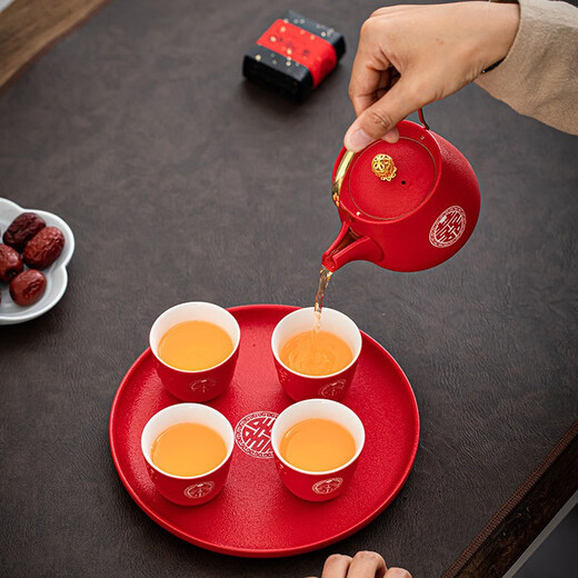 Chioti Wedding High-End Tea Cup Set Chinese Wedding Banquet Festive One Pot Four Cup Tea Set Including Tea Tray One Pot Four Cup + Tray-Wedding Gift Box