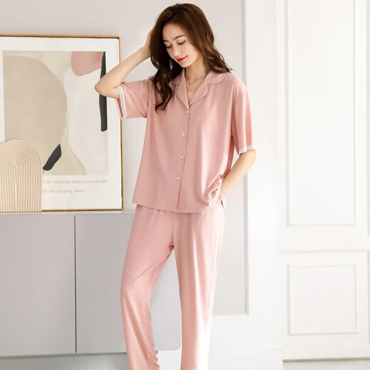 Langsha Pajamas (Langsha) Pantalage de coton modal de printemps pour femmes Vêtements de maison à manches courtes pour la mère de la mère Mère Mother Cardigan Loose Uster uster 723 Rose clair M [155-162 cm / 80-105jin [Jin est égal à 0,5 kg]]]]
