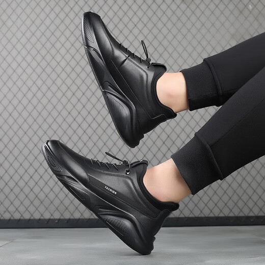 GENAI New Genuine Leather Sports Shoes Men's Casual Shoes Casual Leather Shoes Men's Business Shoes Heightening Shoes Trendy Shoes Men's Shoes Black Genuine Leather + Elastic Mouth Four Seasons Trendy Shoes 40 (250mm)