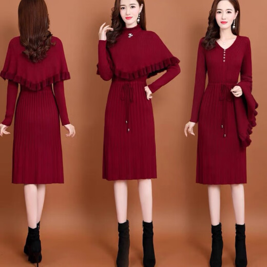 Xinqitian knitted dress women's 2021 autumn and winter new fashion suit skirt two-piece Korean style casual versatile mid-length temperament dress over-the-knee sweater skirt for women maroon M