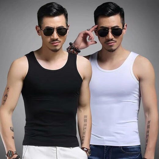 SexeMara [2-piece] New round neck men's modal vest summer ice silk breathable fitness tight hull sleeveless sports trend black + dark blue 2XL 130-150Jin [Jin equals 0.5 kg]