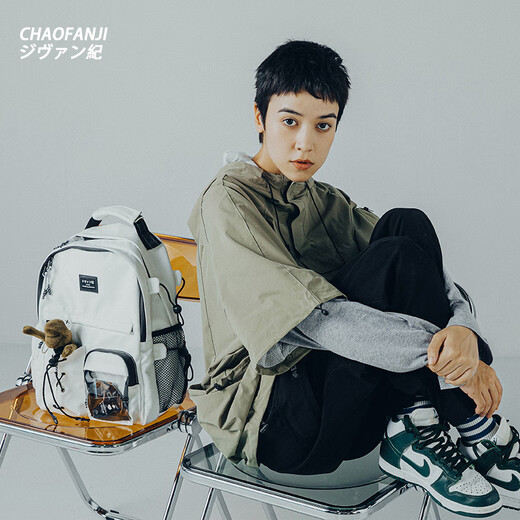CHAOFANJI 日系潮牌双肩包男女款书包旅行背包大容量书包防水电脑包学生包 白色大号【关注店铺送网红蛙】