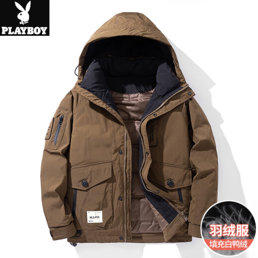 花花公子羽绒服男士冬季2025新款潮牌连帽加厚保暖冬装休闲工装帅气外套男 9871 黑色【羽绒服-白鸭绒】 L【适合100-120斤】