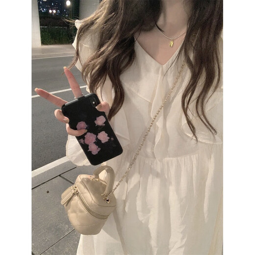 French-style long-sleeved ruffle-edged dress for women in autumn new design high waist slim long skirt light apricot color #1048 XL