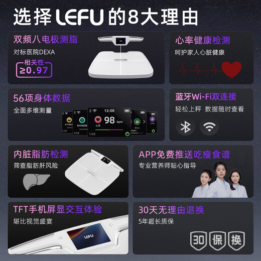 乐福（LEFU）智能八电极体脂秤 体重秤称重电子秤 人体秤高精度双频测脂 WIFI+蓝牙双连接 TFT屏 56项身体数据