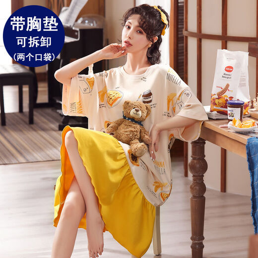 Nightgown with breast pad for women for summer cotton short sleeves plus fat plus size 200 Jin [Jin equals 0.5 kg] No wear bra to wear pajamas FY-6624 L-Breast pad (95-110 Jin [Jin equals 0.5 kg])