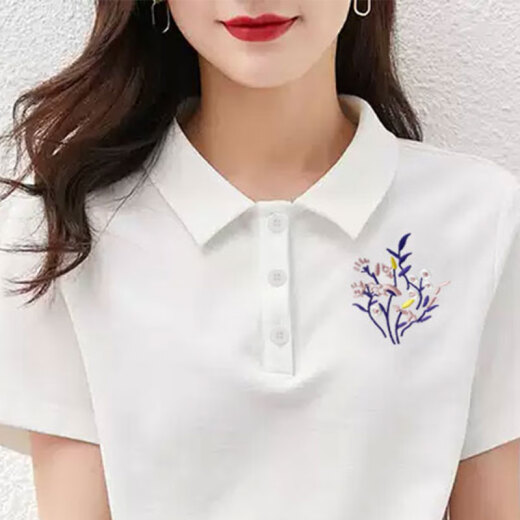Zimu cotton and linen 2024 summer women's fashionable lapel T-shirt short-sleeved embroidered age-reducing POLO shirt casual slimming top 6255 white L (recommended 110-120Jin [Jin equals 0.5 kg])