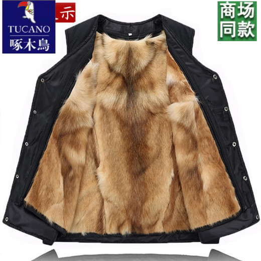 啄木鸟秋冬中老年皮毛一体羊毛背心真皮加厚保暖棉马甲男羊皮坎肩爸爸装 黄色内胆可拆卸 2XL(体重120-140斤)
