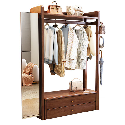 普莱蒂旺衣架置物架落地全实木挂家用卧室带镜子储物简约衣帽架穿衣镜多功 实木环保原木色【100CM】 可折叠