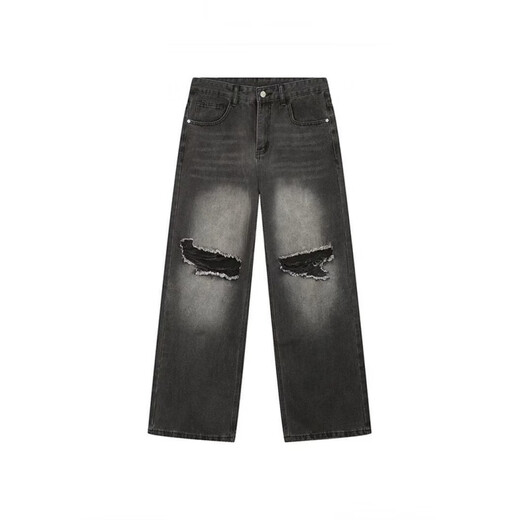 Simple direction American retro design ripped jeans summer handsome street gender-free versatile wide-leg trousers men and women ins 9930 black + belt one size s