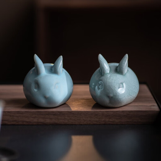 Tinghuai Kiln Ru Kiln Cute Rabbit Ceramic Tea Pet Ornaments Desktop Ornaments Ru Kiln Open Slices Can Raise Kung Fu Tea Ceremony Accessories Egg Green Lucky Cute Rabbit