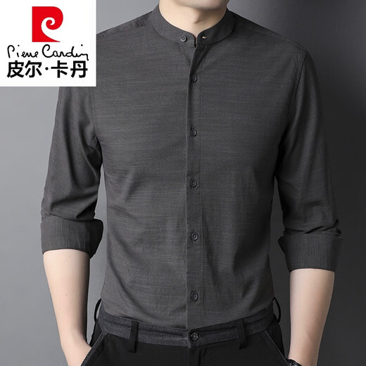 Pierre cardin high-end small stand-collar cotton shirt men's 2025 spring and autumn long-sleeved shirt casual inner Chinese collar inch shirt thin 9930 black 175/L