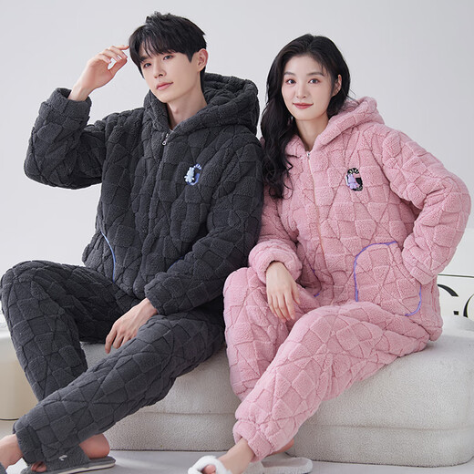 Modal thickened coral velvet couple pajamas for women, winter three-layer quilted men's flannel home clothes MZB439 hooded quilted women L