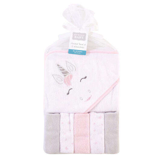 HUDSON BABY hooded bath towel set, soft and absorbent, pink unicorn, 6 pieces