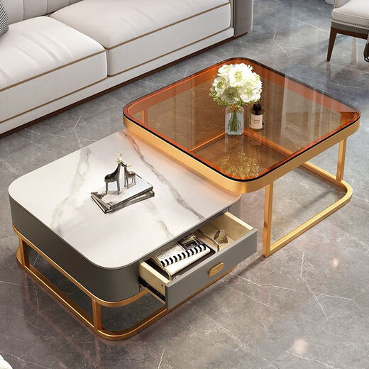 
Spring pastoral Internet celebrity rock slab tea table table living room household Nordic light luxury modern square combination glass small apartment simple tea 70 gray glass + 60 white rock slab (black rack gray pump [delivery to home]
