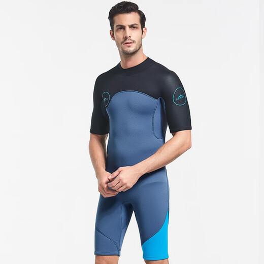 SBART 2mm men's one-piece wetsuit thermal jacket short-sleeved snorkeling suit surfing suit winter swimsuit swimsuit 1389 blue with black and aqua blue XL