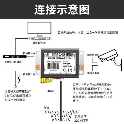 Shimingtong Monitoring Fuente de alimentación de red Dispositivo de protección de rayos dos en uno RJ45 Lightning Lightning Surge Protector Poe Network Signal Protection Lightning Protection