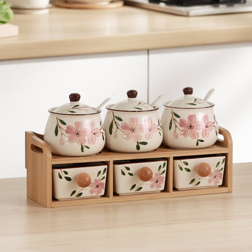 DuoMeiRan home kitchen seasoning box combination seasoning jar ceramic salt shaker seasoning jar set wooden frame double-layer seasoning bottle jar Sakura 7-piece set (wooden frame B3)