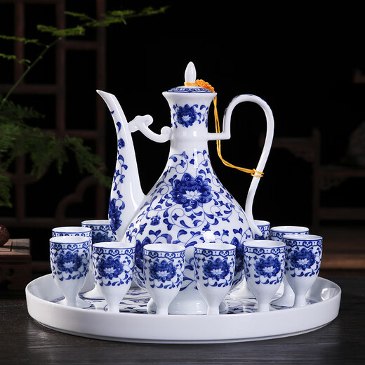 Xihe Yinyao Xihetang Jingdezhen Ceramic Wine Set Liquor Goblet Spirit Cup Blue and White Wine Pot Set Wine Cup Snow Scenery Style (1 Pot, 10 Cups, 1 Tray)